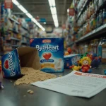 Open ByHeart infant formula box spills contents onto floor with an FDA warning letter in a grocery cart.