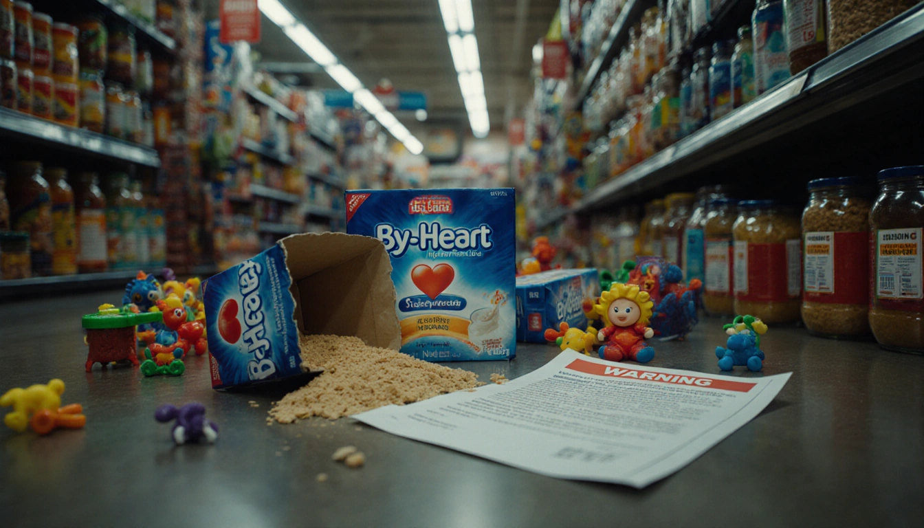Open ByHeart infant formula box spills contents onto floor with an FDA warning letter in a grocery cart.