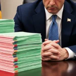 California Governor Gavin Newsom clasping his hands with 794 color-coded bills stacked on his desk showing gradient urgency