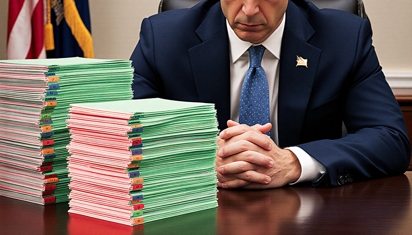 California Governor Gavin Newsom clasping his hands with 794 color-coded bills stacked on his desk showing gradient urgency