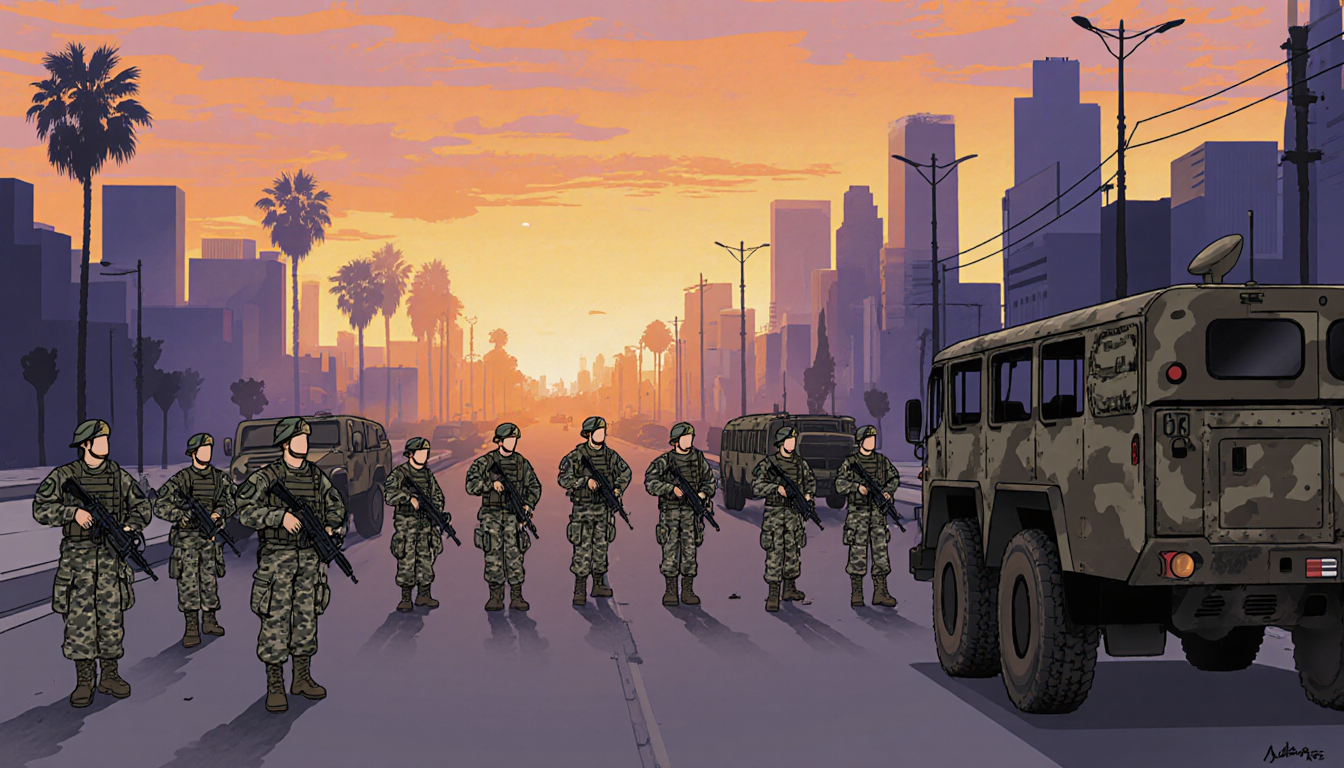 California National Guard troops stand on Los Angeles street with fewer vehicles and equipment and a sunset sky.