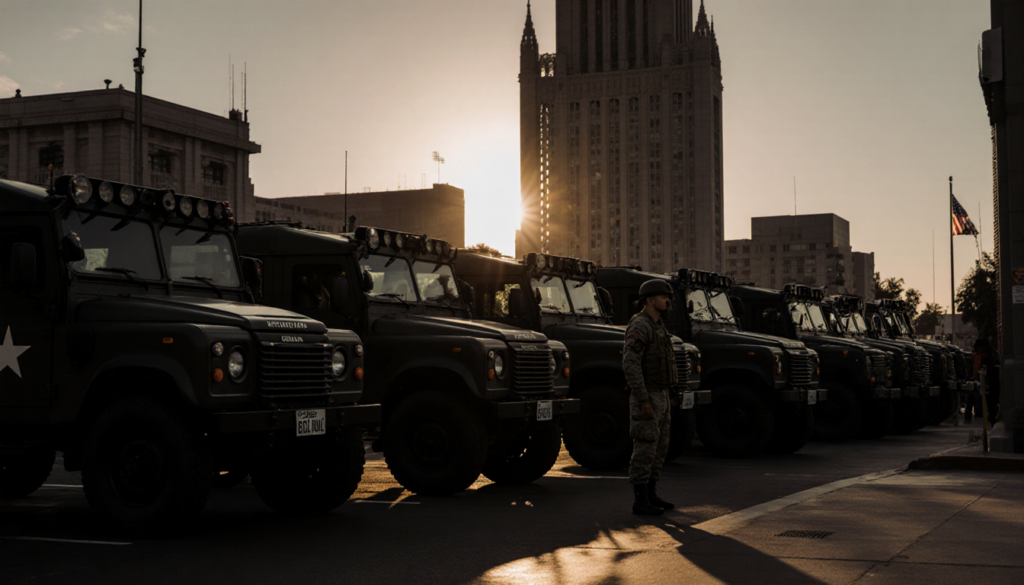 Soldier standing by a California National Guard vehicle with LA City Hall and sunset in background