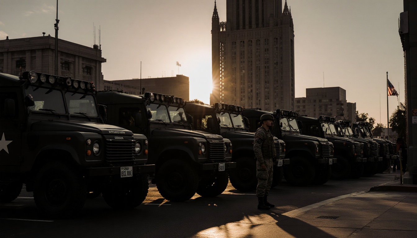 Soldier standing by a California National Guard vehicle with LA City Hall and sunset in background