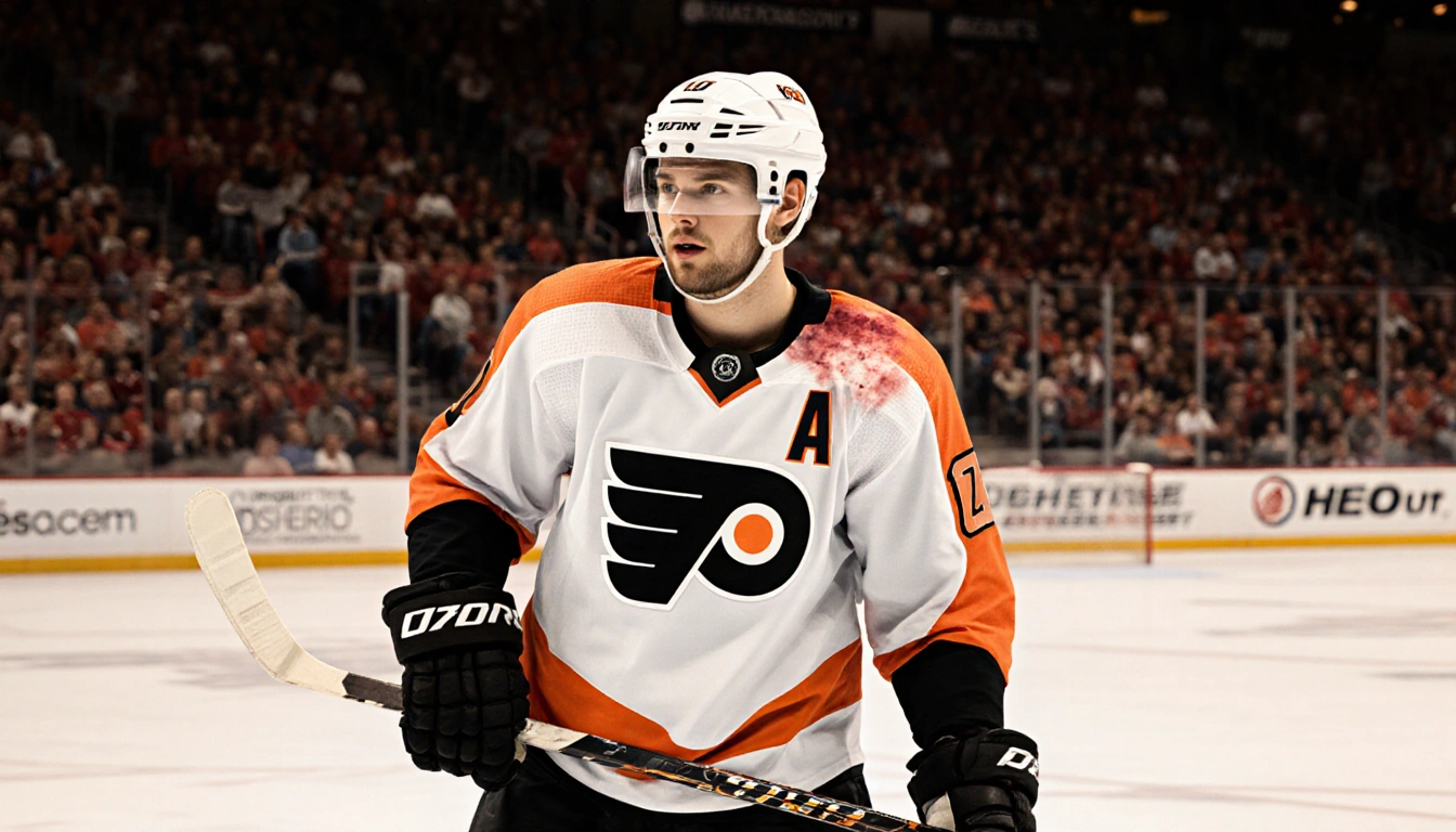 Cam York stands on the ice with a defensive stance in his Flyers jersey and sticks up while his eyes scan the rink recovering