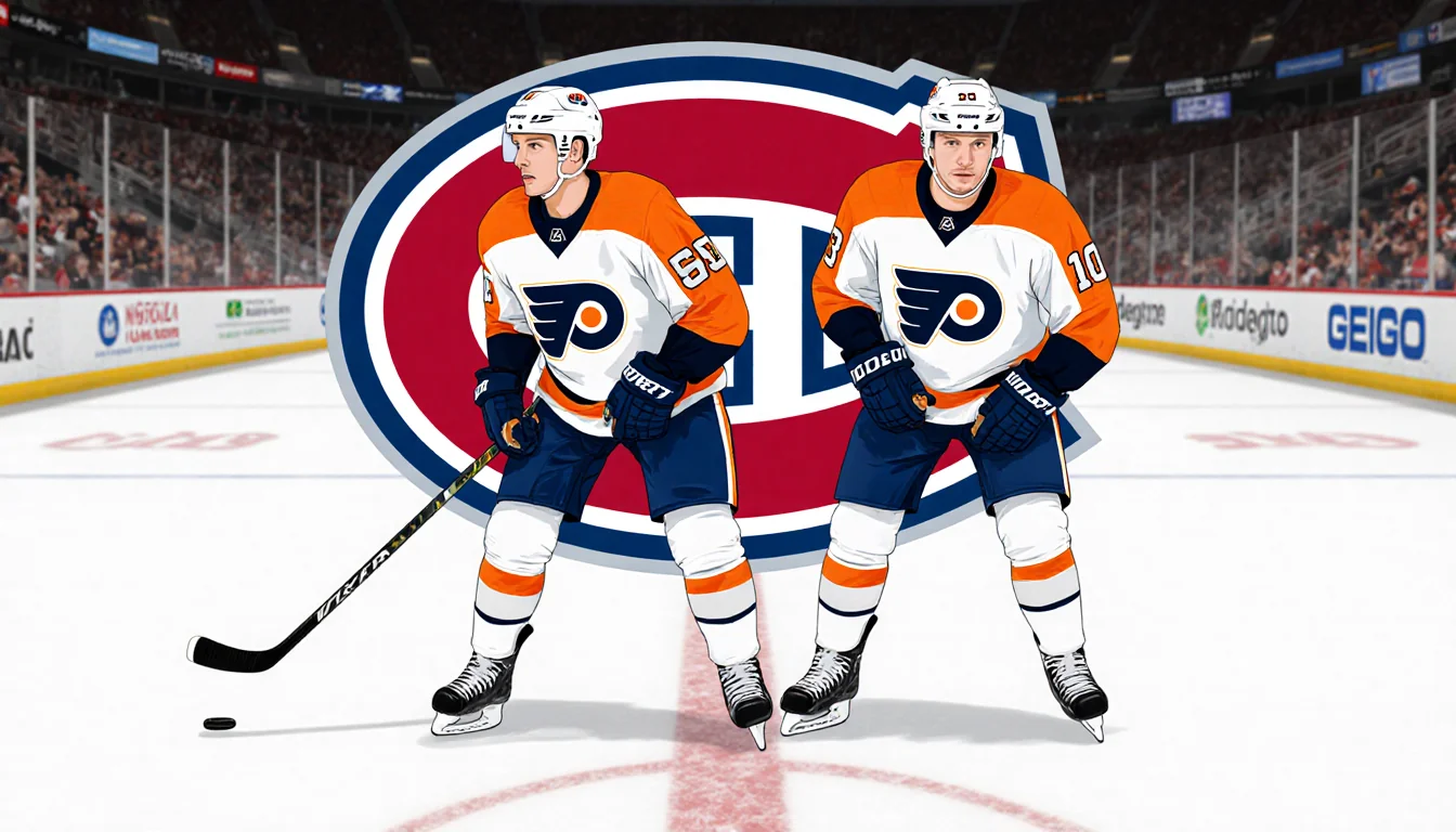 Cam York standing confidently with Ristolainen on the Flyers blue line hockey sticks ready Montreal Canadiens logo behind