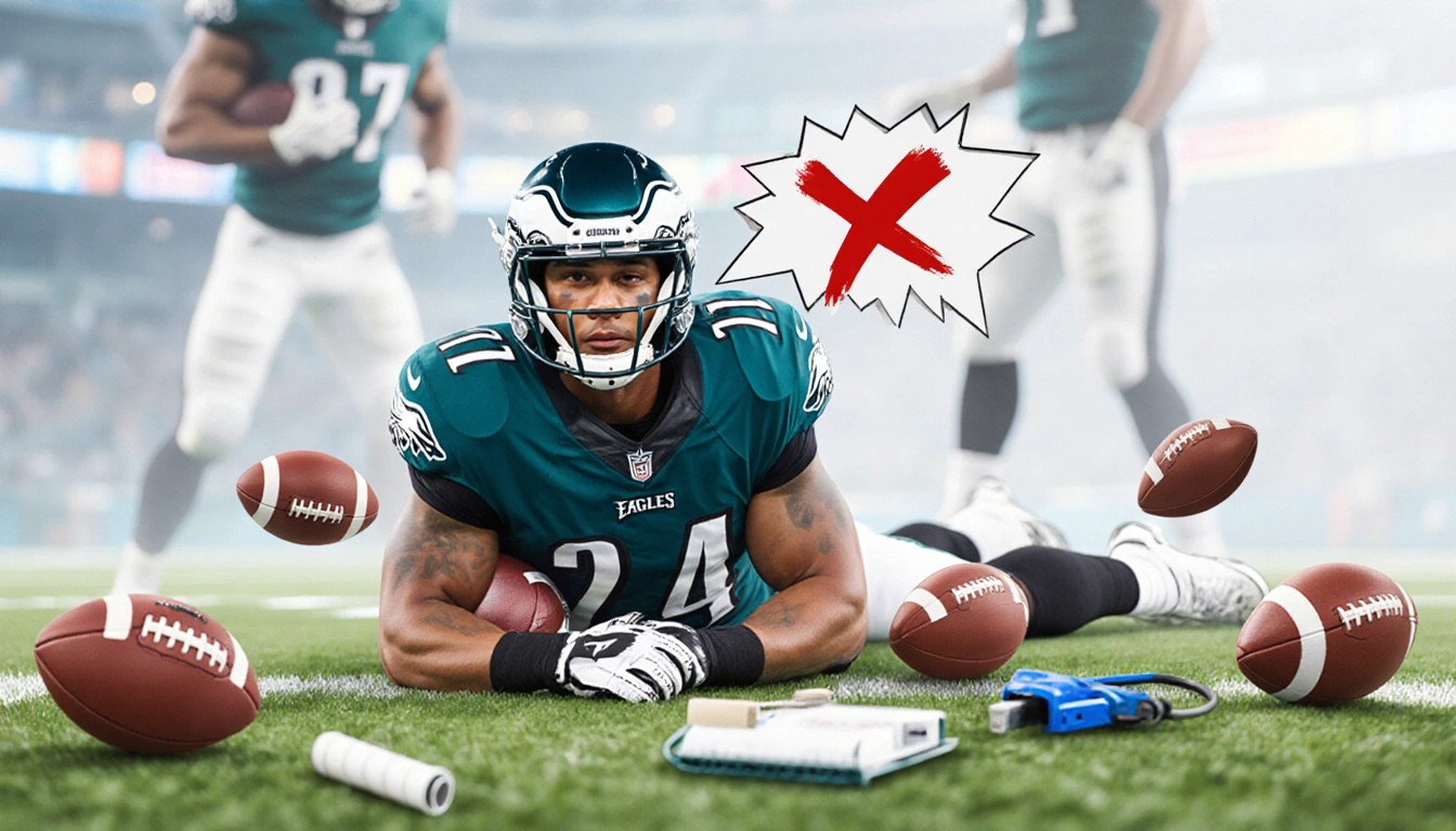 Cameron Latu lies on gridiron with X over head indicating injury updates and surrounded by footballs and medical gear.