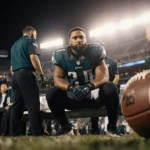 Cameron Latu sits on Eagles bench with medical staff and abandoned football while lights glow