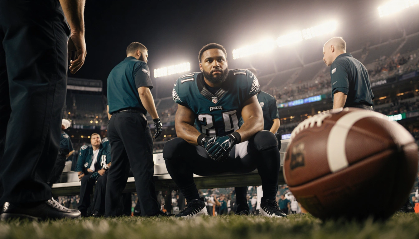 Cameron Latu sits on Eagles bench with medical staff and abandoned football while lights glow