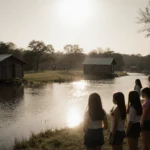 Girls standing together looking at the river with partially flooded camp cabins and warm sun reflecting on the water