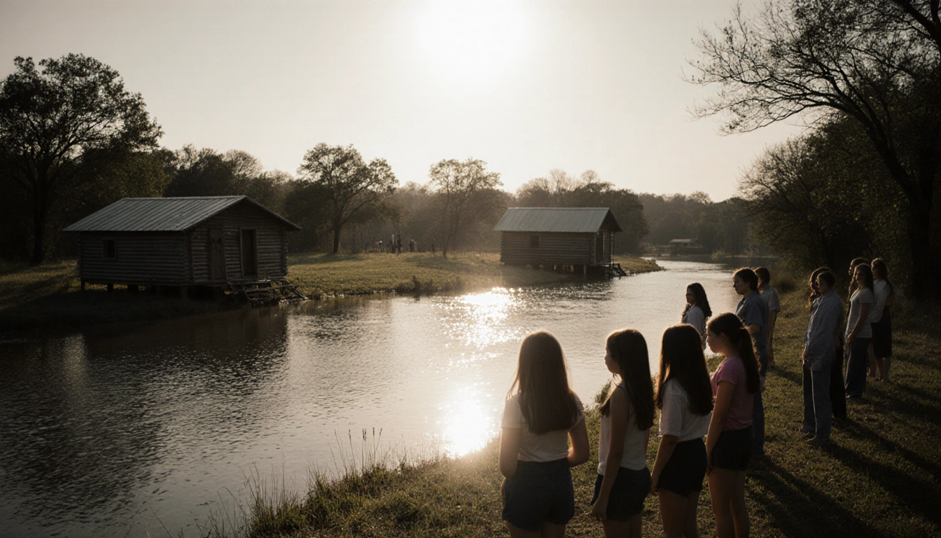 Girls standing together looking at the river with partially flooded camp cabins and warm sun reflecting on the water