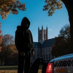 Solemn figure standing at campus edge during lockdown with police car lights and gothic architecture framed by autumn leaves