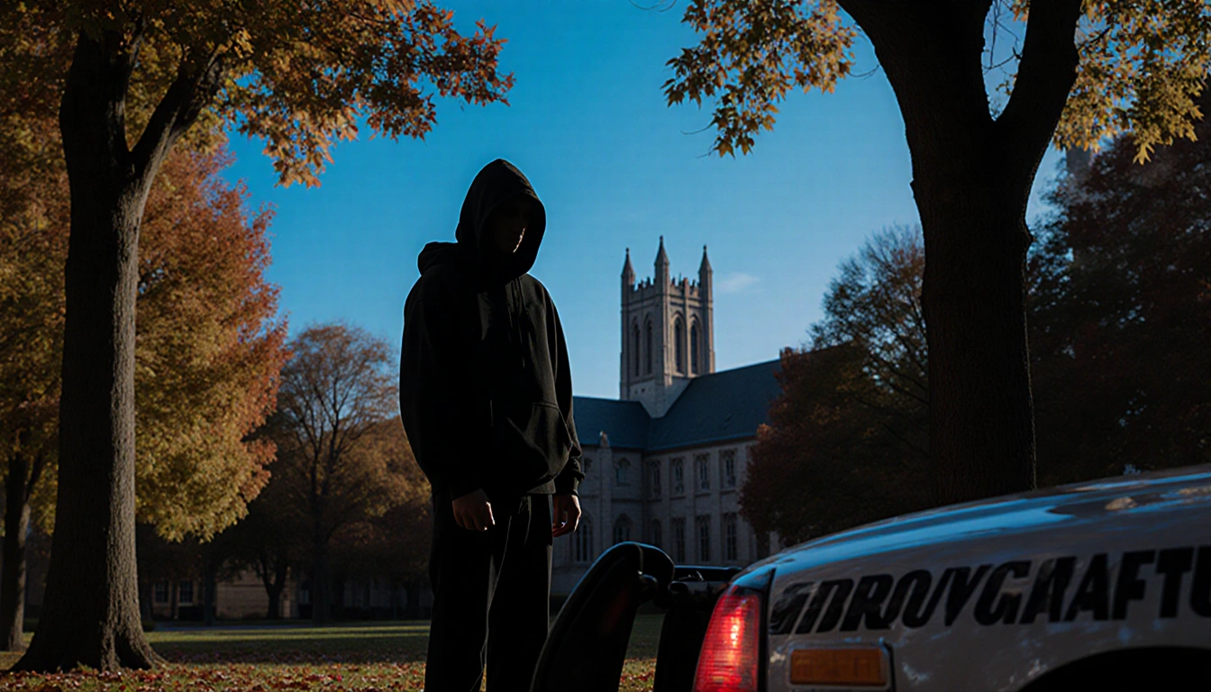 Solemn figure standing at campus edge during lockdown with police car lights and gothic architecture framed by autumn leaves