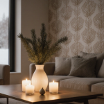 Candles illuminate the living room with a golden glow around a clutter‑free coffee table and a vase of evergreen branches
