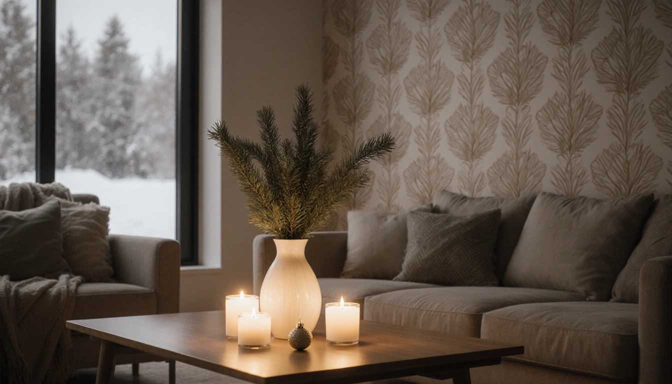 Candles illuminate the living room with a golden glow around a clutter‑free coffee table and a vase of evergreen branches