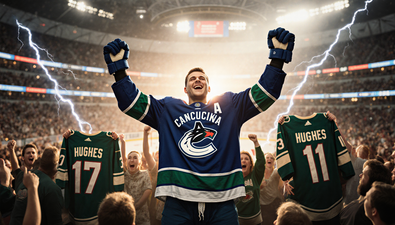 Quinn Hughes stands triumphantly in front of cheering Minnesota Wild fans wearing his Vancouver Canucks jersey, surrounded by