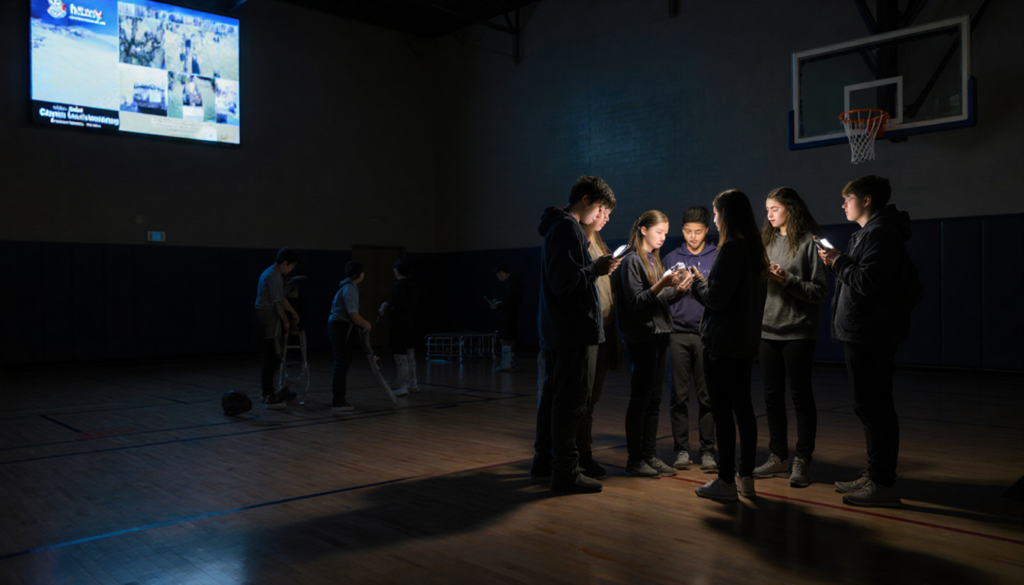 Students gathering and looking shocked with glowing phones in a dim gym while a screen shows a live stream.