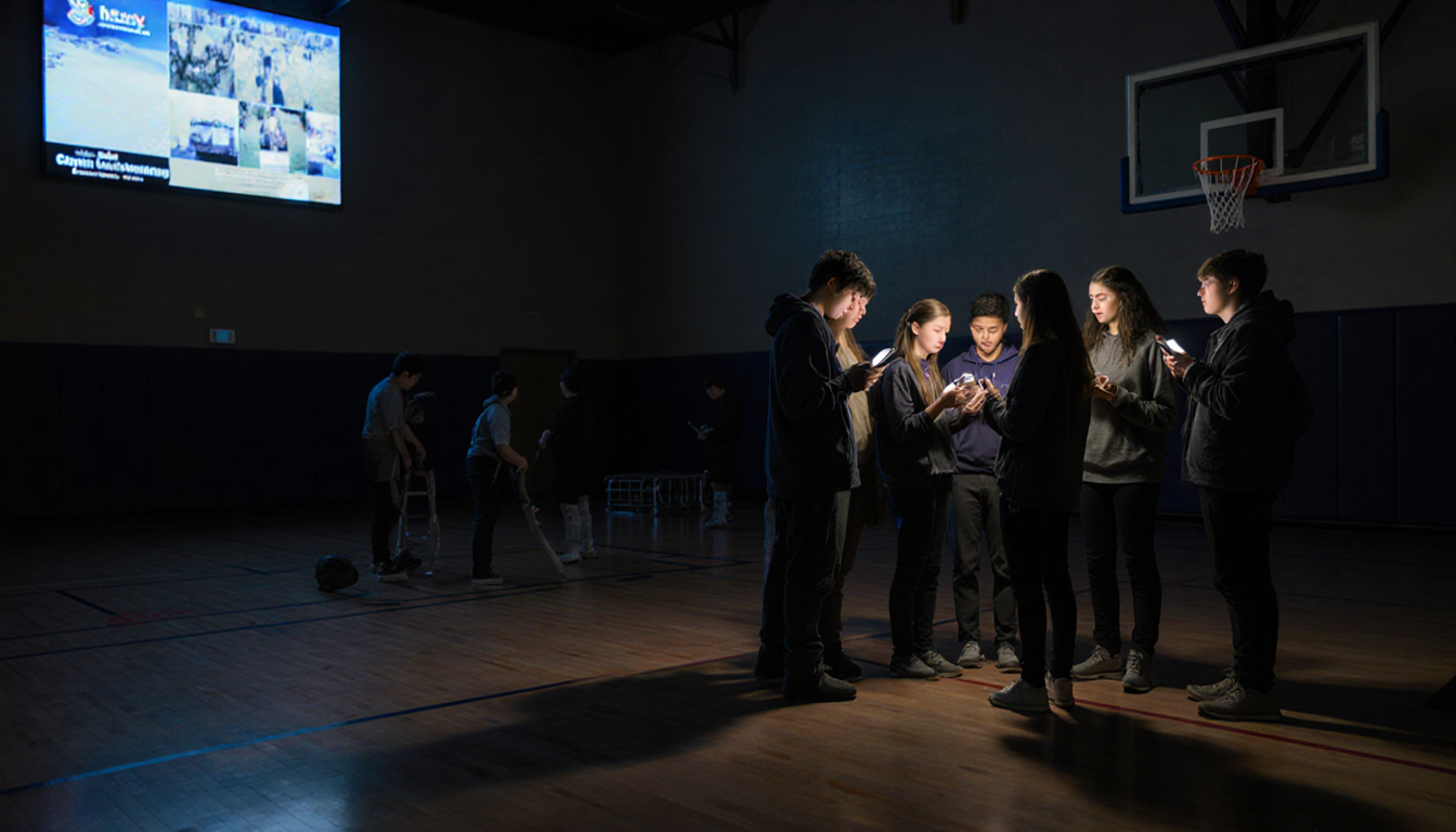 Students gathering and looking shocked with glowing phones in a dim gym while a screen shows a live stream.