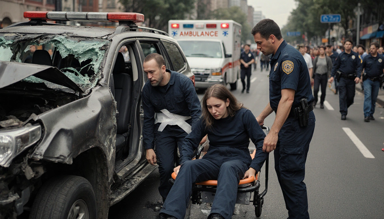 Emergency responders extricating a pale male and female from a crushed SUV with medical tape and a police ambulance behind.