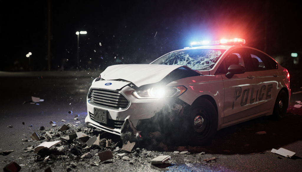 Police cruiser slamming into stolen white Ford sedan with flashing sirens and debris scattered around.