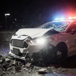 Police cruiser slamming into stolen white Ford sedan with flashing sirens and debris scattered around.