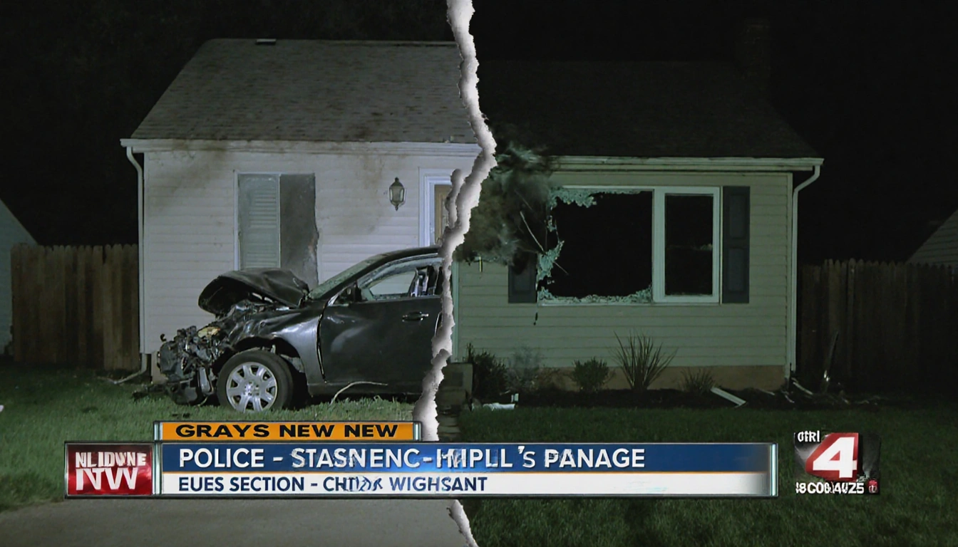 Car crashing into suburban home with split-screen showing mangled car and dented siding.