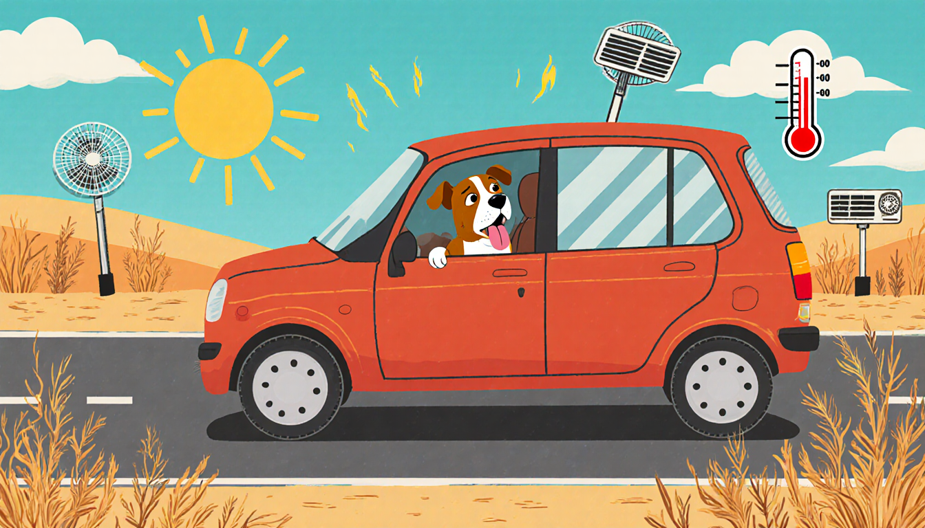 Dog Reign panting in closed car with scorching sun and dry road showing extreme heat