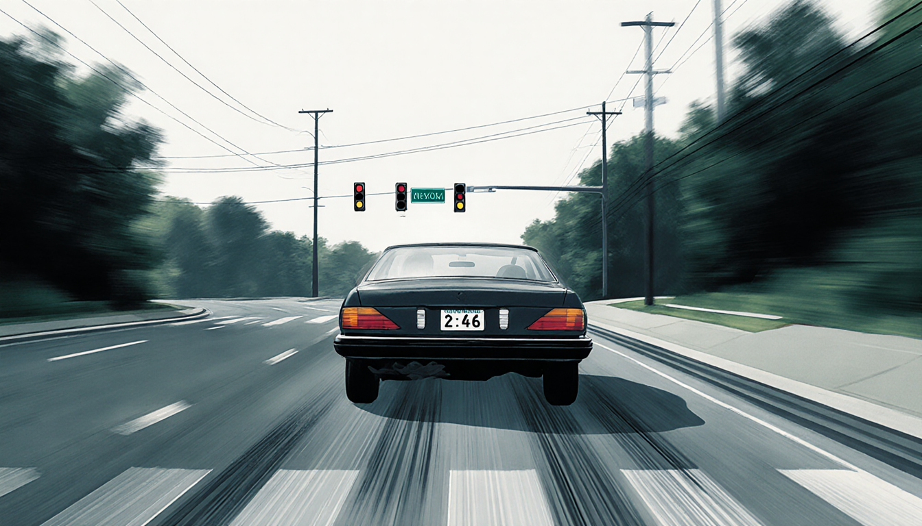 Southbound car passes on Newtown Yardley Road with visible license plate and speed lines and distant traffic light