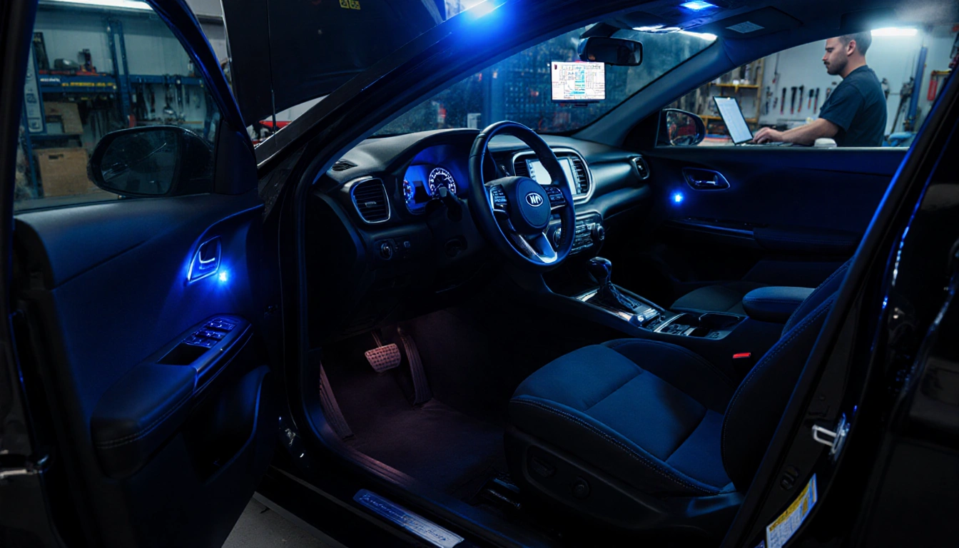 Car opening shows dark interior lit by blue police lights with exposed engine and technician nearby working on diagnostics