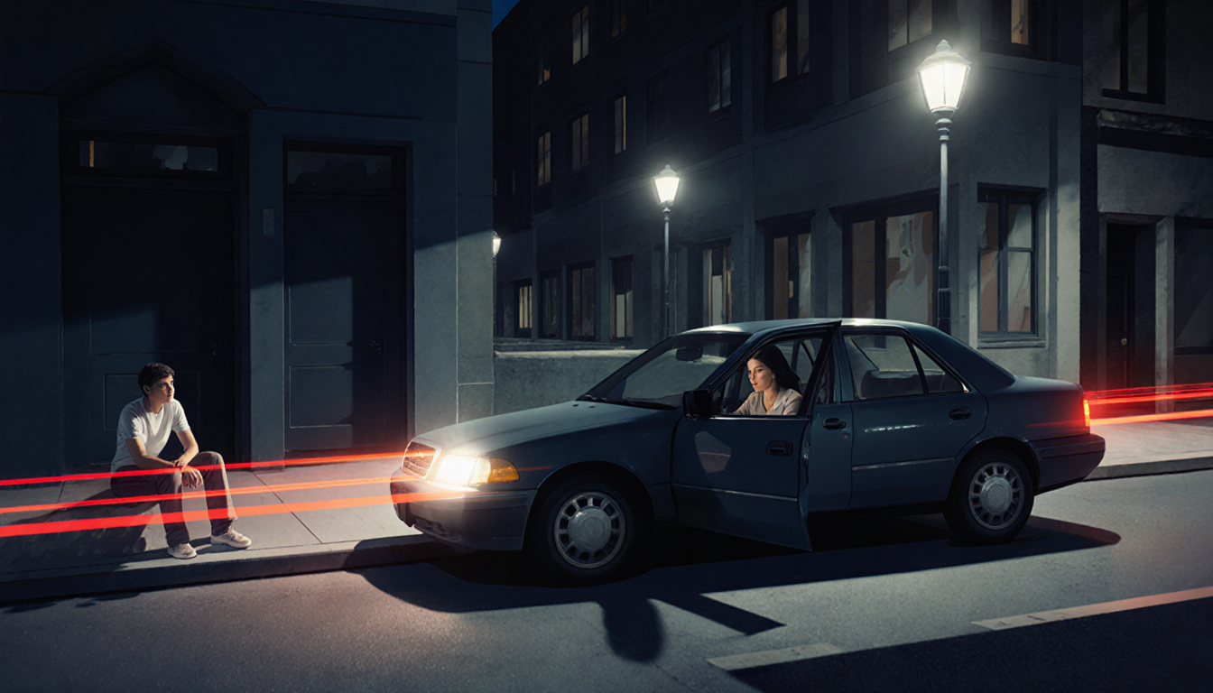 Car narrowly misses pedestrian with open door and blurred motion at night.