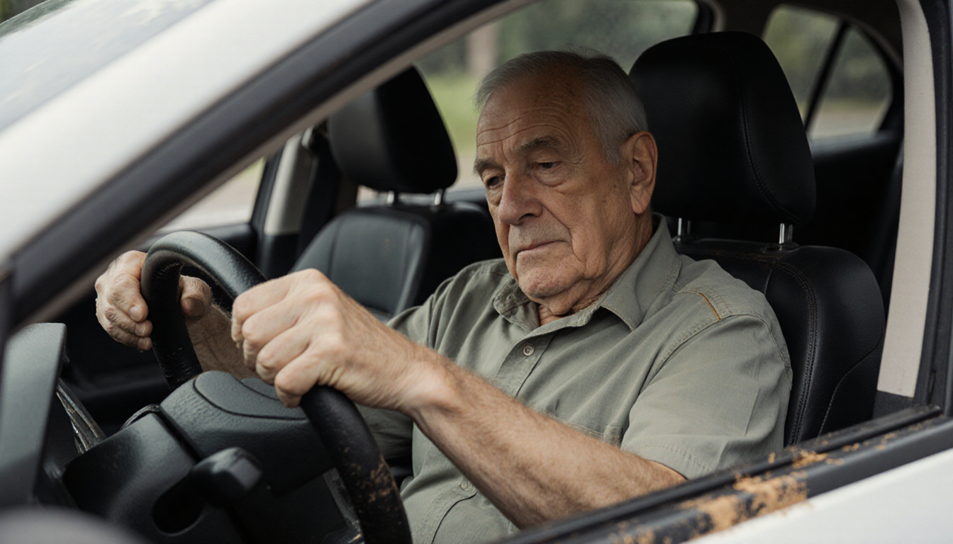 Elderly man slumps in worn leather seat with hands on steering wheel and faint brake dust on dashboard.