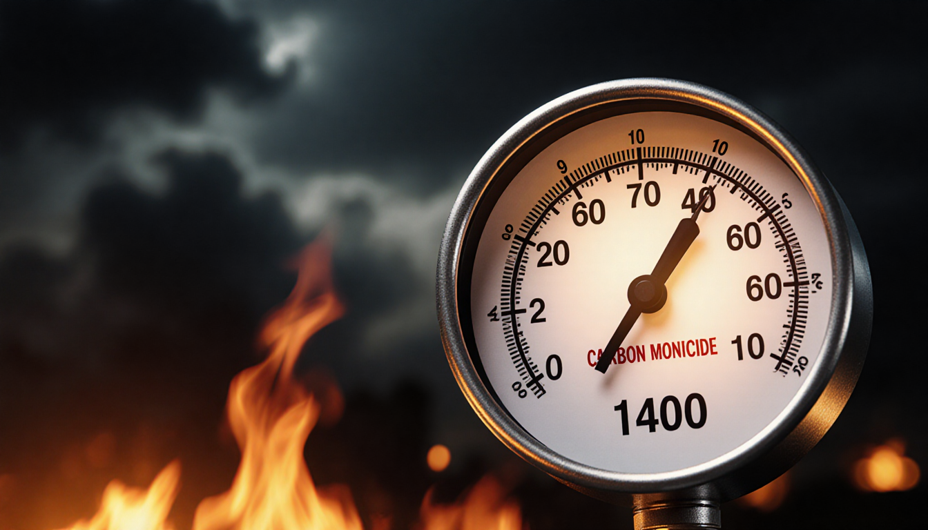 Firefighters measure carbon monoxide with a 1400 ppm gauge glowing amid flickering flames and dark clouds
