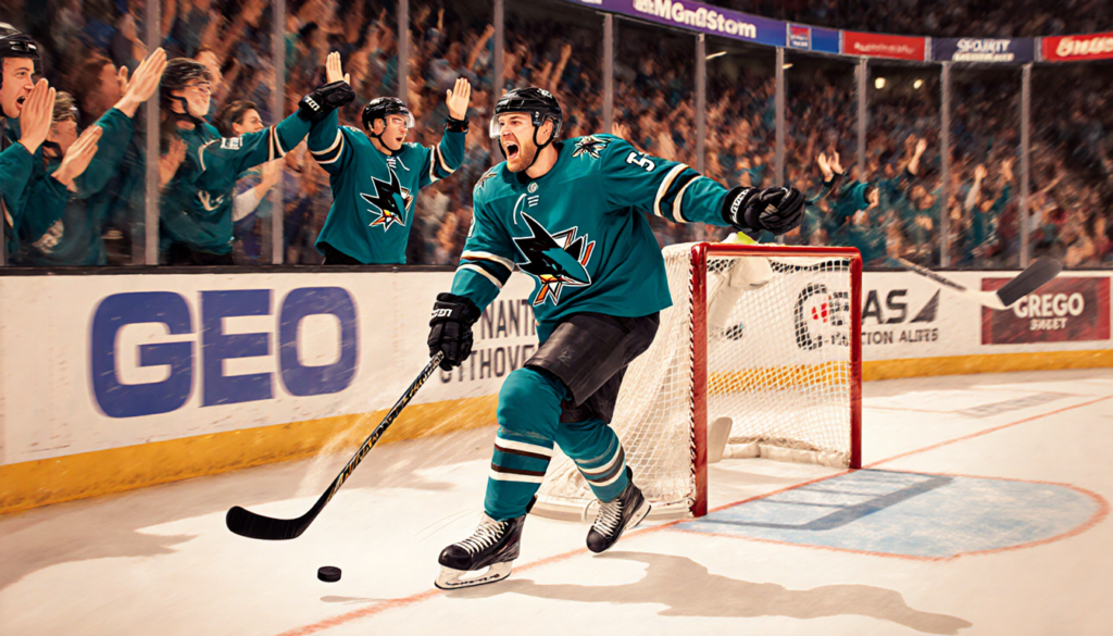 Carl Grundstrom scoring a goal with a hockey stick and cheering fans near the Sharks