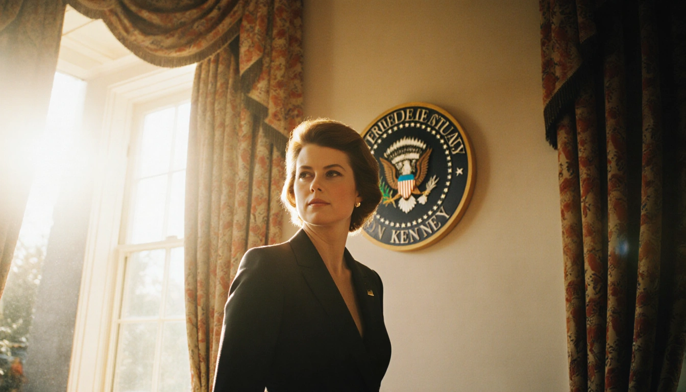 Caroline Kennedy standing before classic American home with presidential seal on wall and golden light highlighting her face