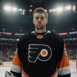 Carter Hart stands in crease with intense gaze toward ice under arena floodlights and blurred Flyers logos behind