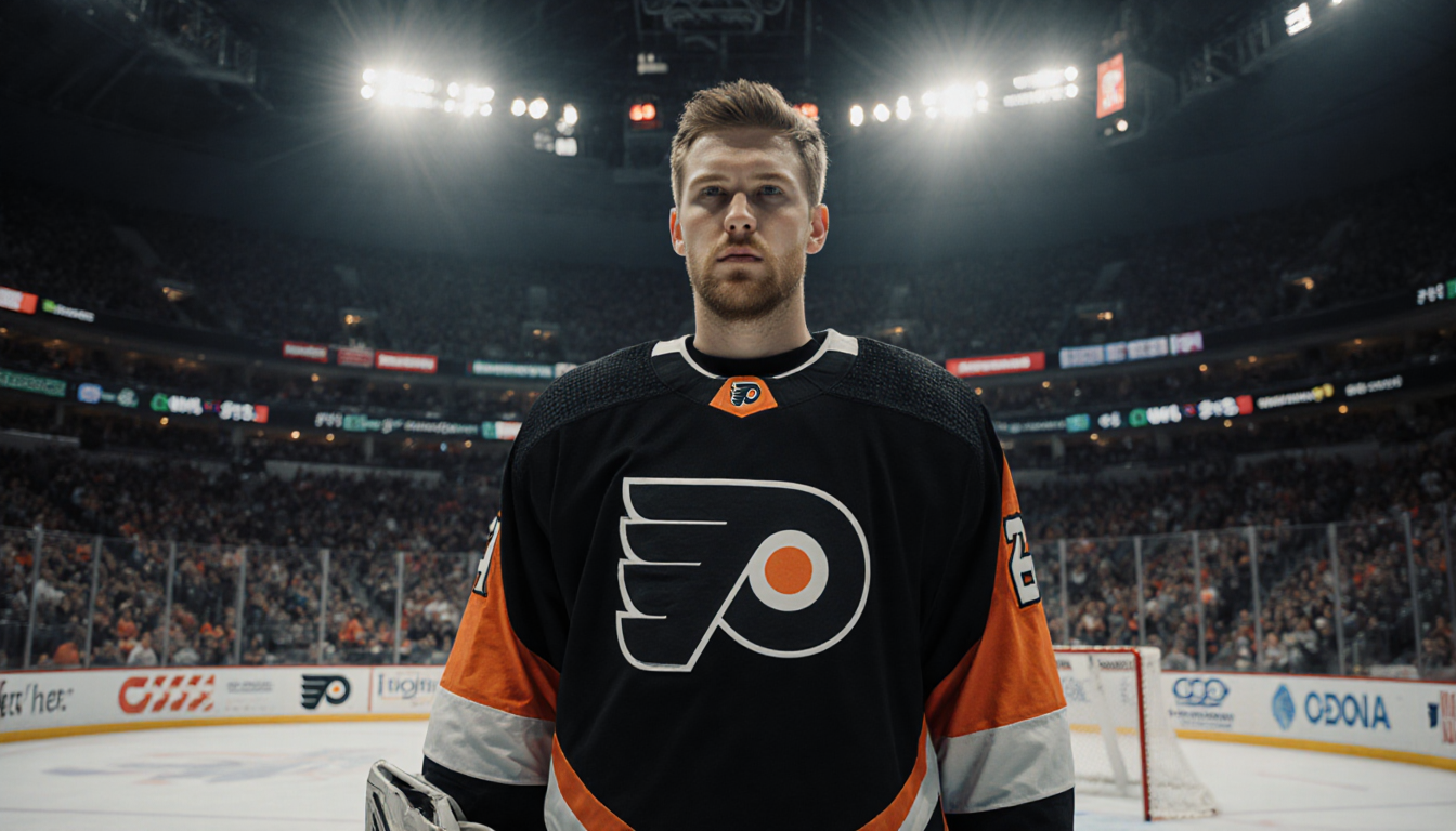 Carter Hart stands in crease with intense gaze toward ice under arena floodlights and blurred Flyers logos behind