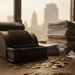 Distressed cash register spilling coins onto a wooden counter with stacks of papers and a cityscape window in the background