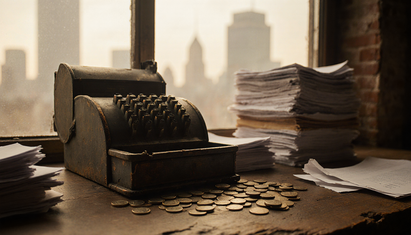 Distressed cash register spilling coins onto a wooden counter with stacks of papers and a cityscape window in the background