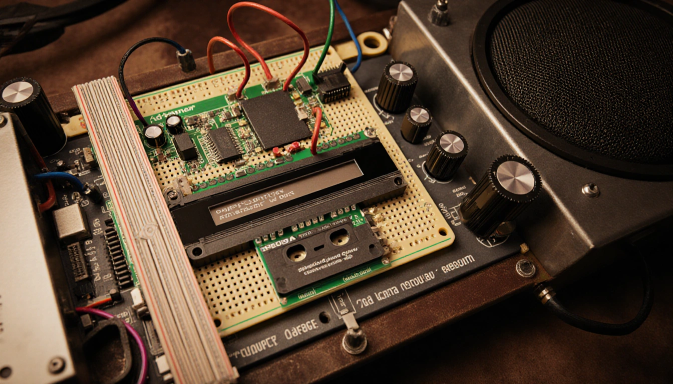 DIY cassette player circuit board shows central DAC with tape label and speaker knobs in warm industrial setting
