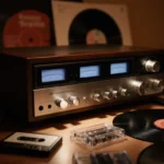 Cassette tape player showing its vintage cabinet with knobs and dials under warm glow surrounded by vinyl records
