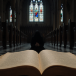 Figure praying with open leather book and stained glass patterns in dim church atrium.