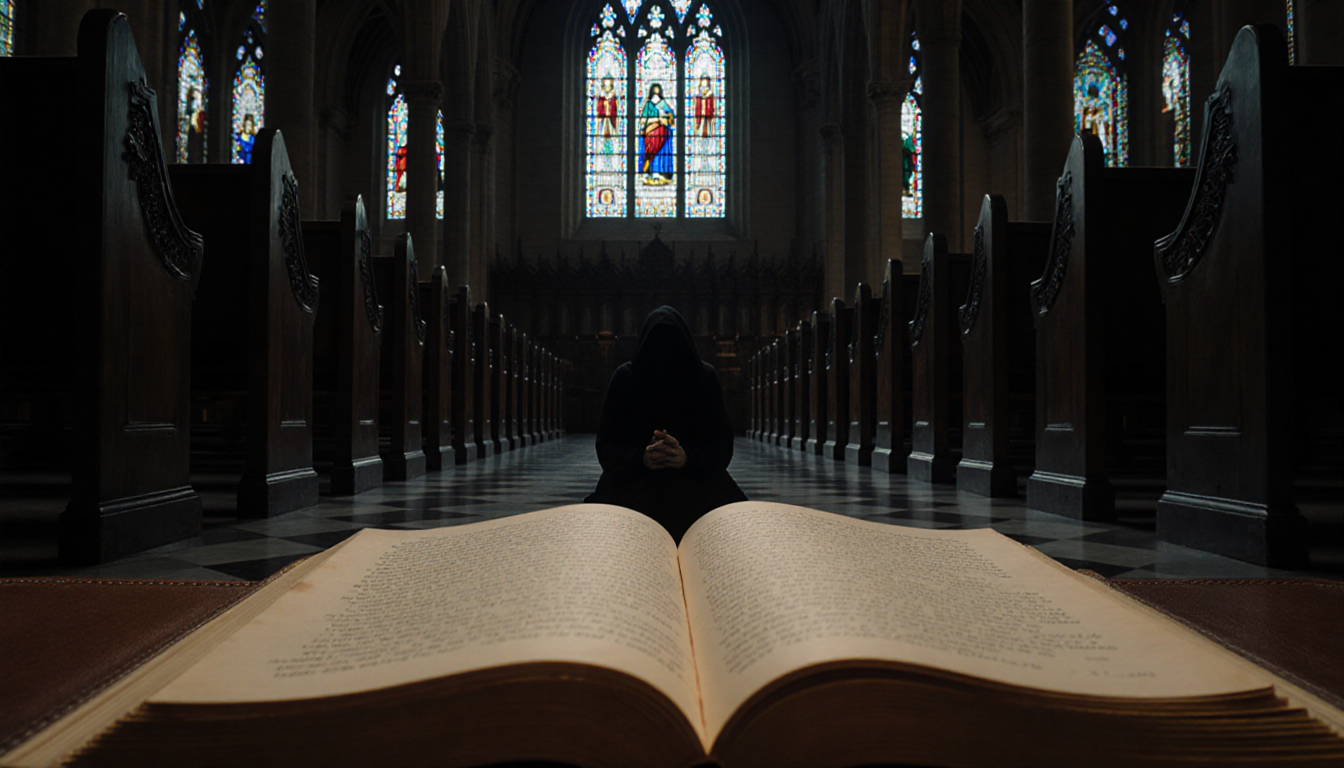 Figure praying with open leather book and stained glass patterns in dim church atrium.