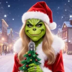 Céline Dion wearing Grinch costume holds Christmas tree microphone with snowy Whoville street lights