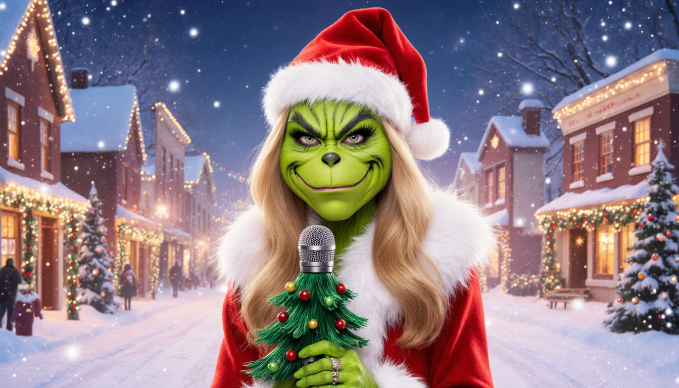 Céline Dion wearing Grinch costume holds Christmas tree microphone with snowy Whoville street lights
