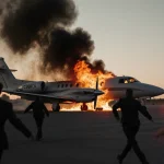 Burning jet on airport runway with flames and smoke and people fleeing under emergency lights.