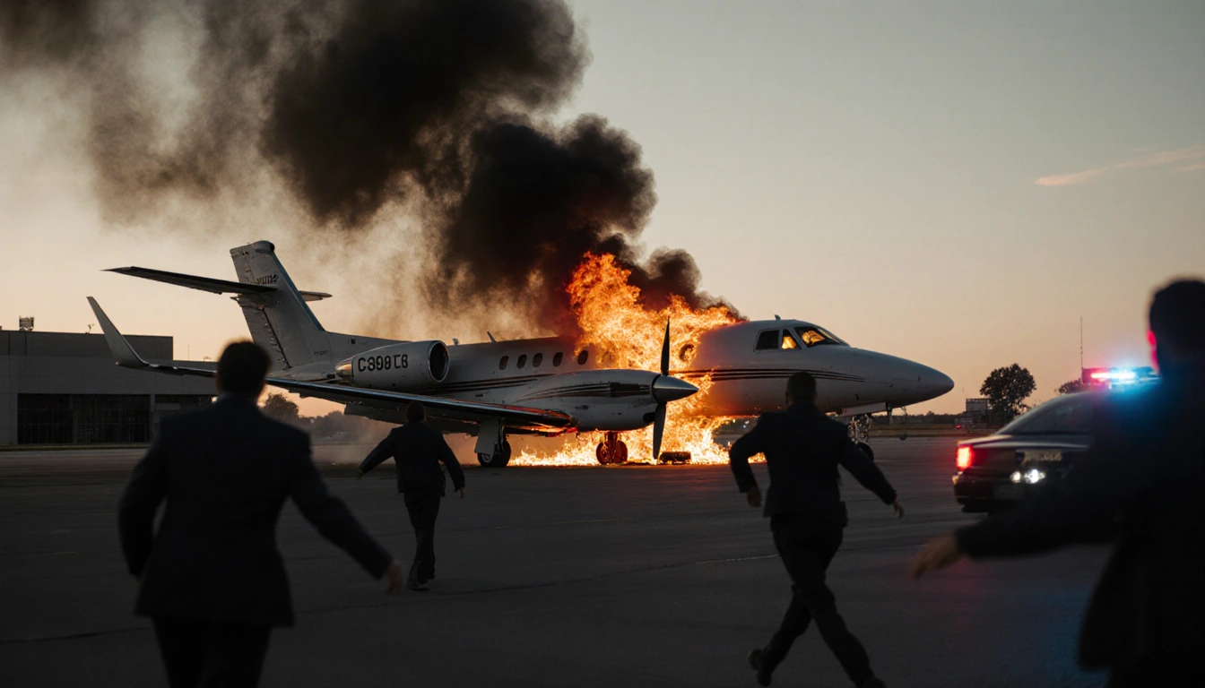 Burning jet on airport runway with flames and smoke and people fleeing under emergency lights.