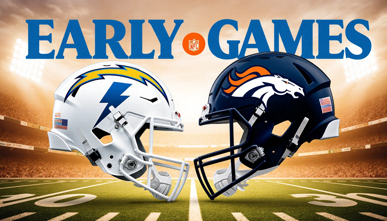 Los Angeles Chargers and Denver Broncos facing off on a gridiron field with blue Sunday Early Games title and logos on jersey