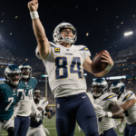 Justin Herbert celebrates touchdown with ball tucked away under golden stadium lights near blurred end zone while fans cheer.