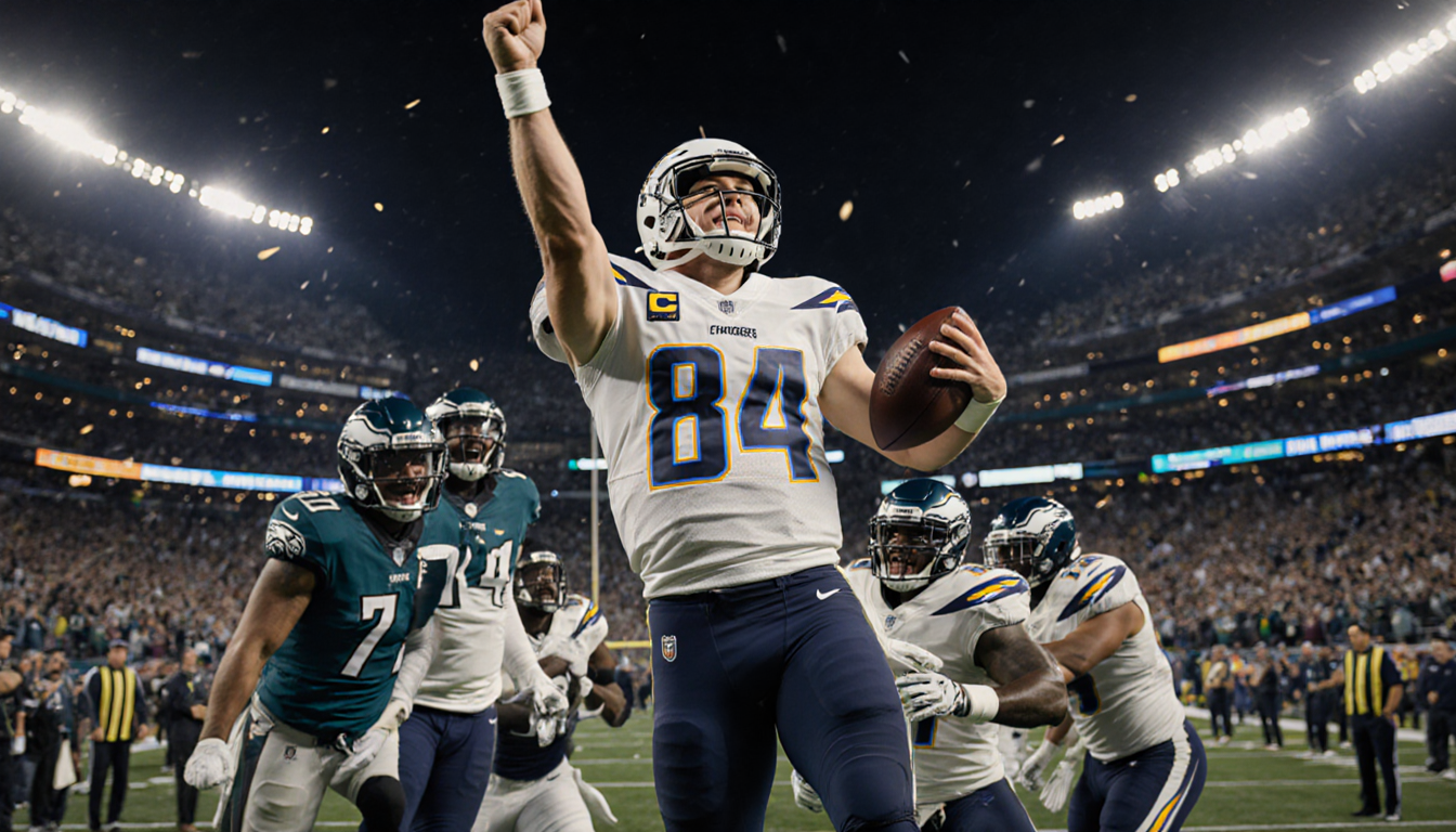 Justin Herbert celebrates touchdown with ball tucked away under golden stadium lights near blurred end zone while fans cheer.