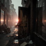 Charred basement door opening to a hand reaching from shadows with smoke-filled alley and emergency lights