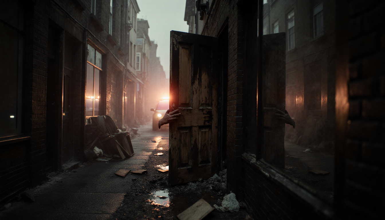 Charred basement door opening to a hand reaching from shadows with smoke-filled alley and emergency lights